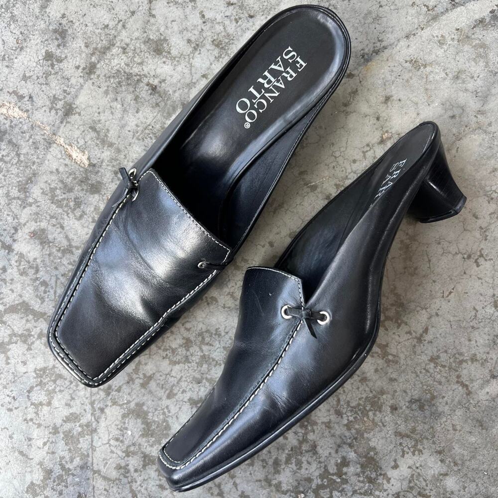 Franco Sarto Black Leather Square Toe Kitten Heel Mules Y2K Shoes Women's 9.5 M